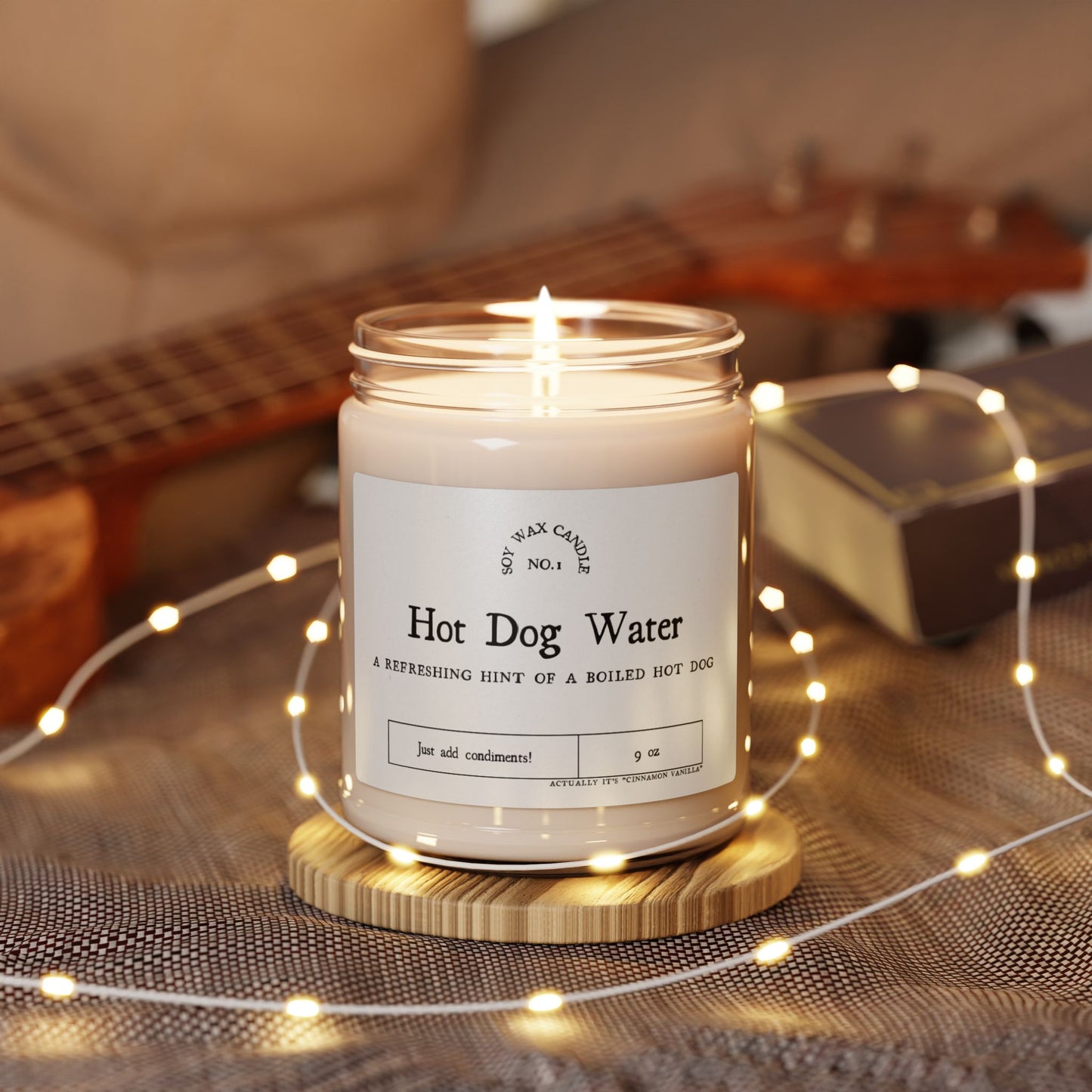 Soy Candle- Cinnamon Vanilla Scented Label says “Hot Dog Water”