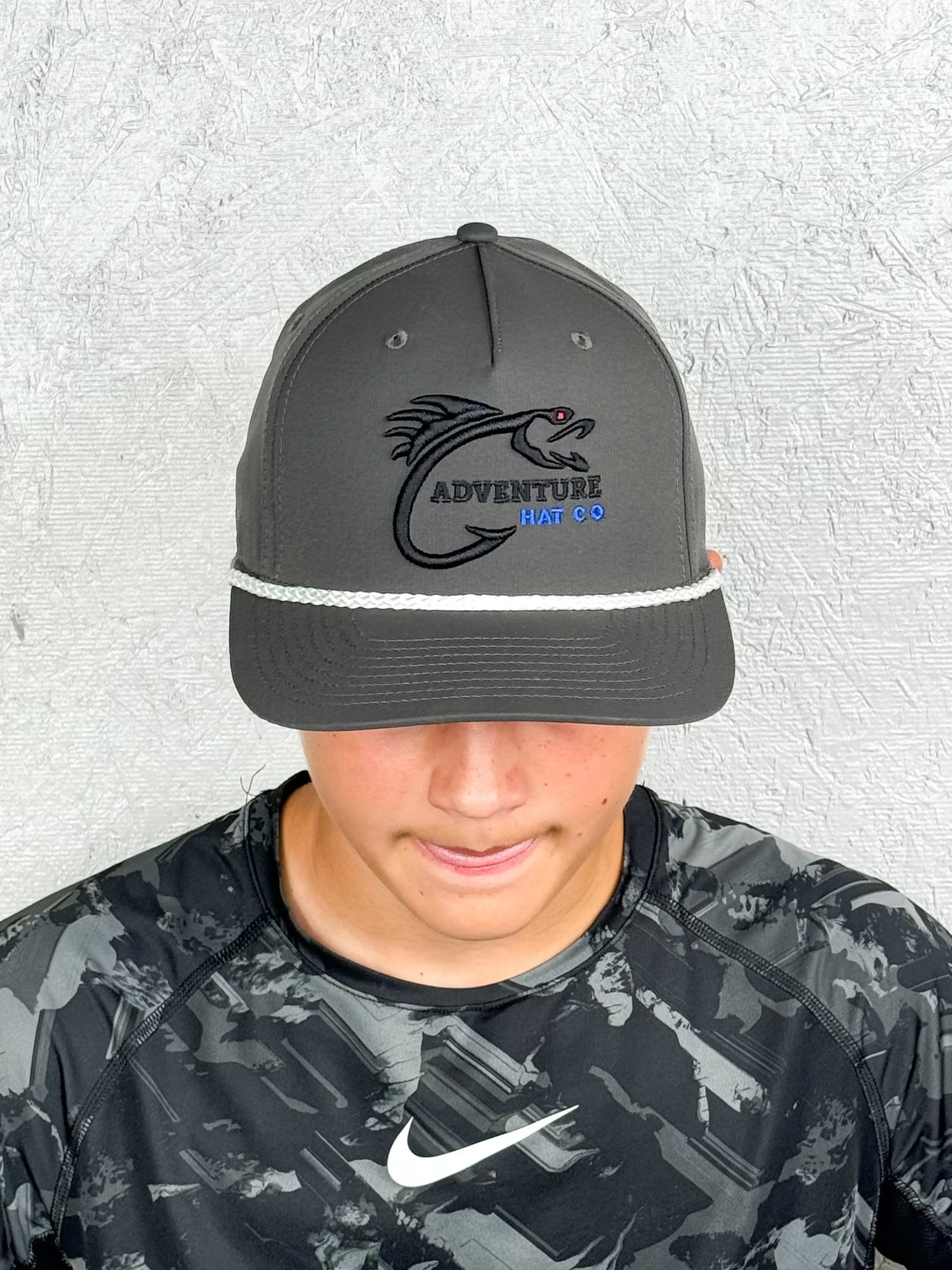 Adventure Hat Co 3D Fish Logo Grey Richardson 258 5 panel Rope Hat