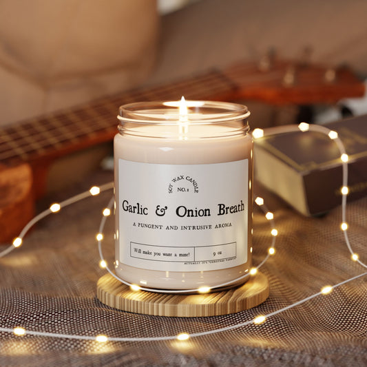 Soy Candle- Christmas Warmth Scented Label says “Garlic & Onion Breath”