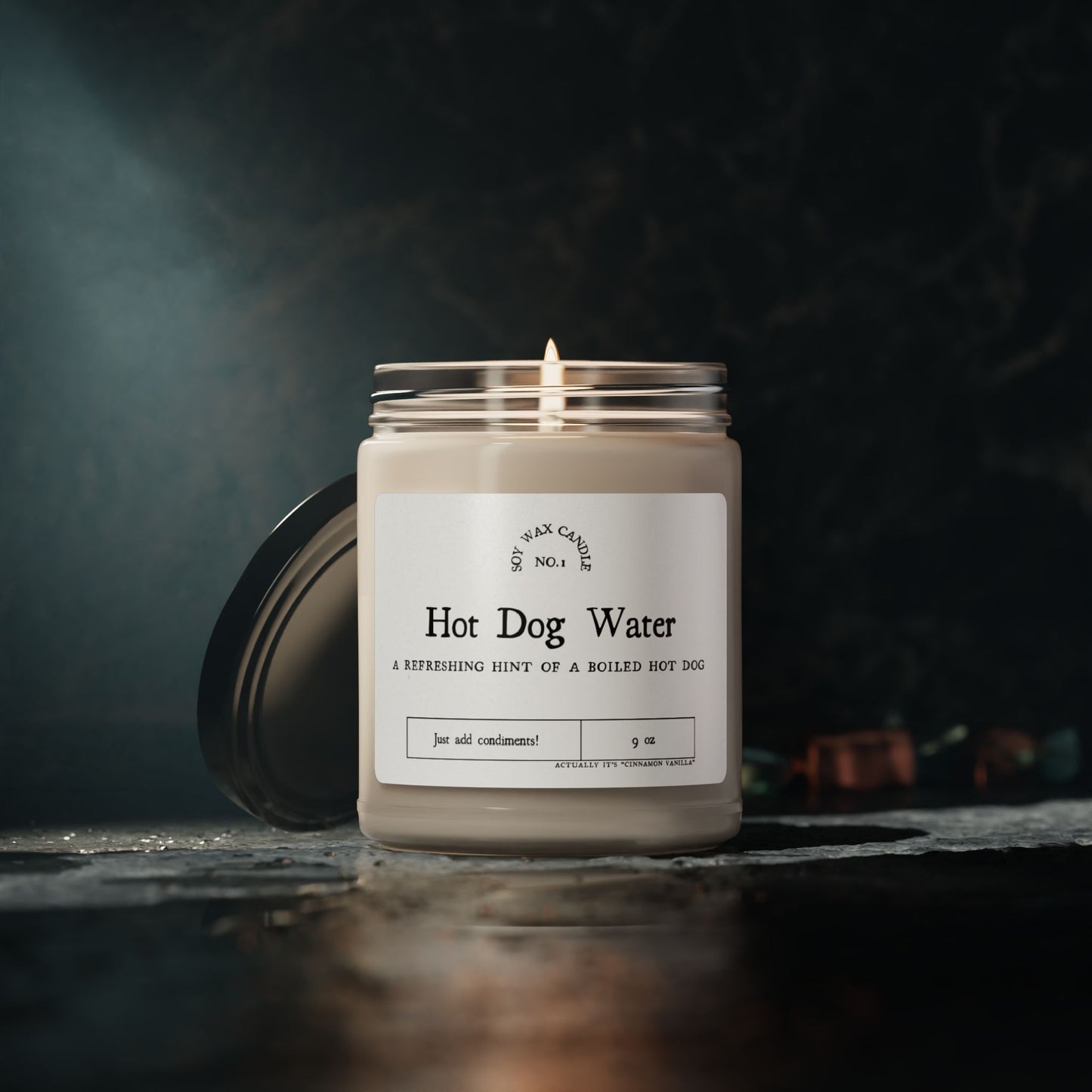 Soy Candle- Cinnamon Vanilla Scented Label says “Hot Dog Water”